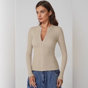 QINSEN Long Sleeve Shirt Half Zipper Ribbed Knit Tee Size Medium